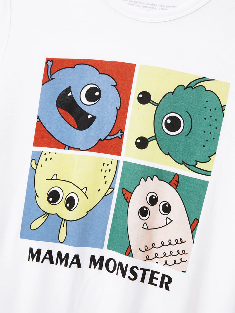 Pyjama familial en bambou, imprimé petit monstre mignon, manches courtes, ensemble assorti (ajusté pour les enfants) blanc