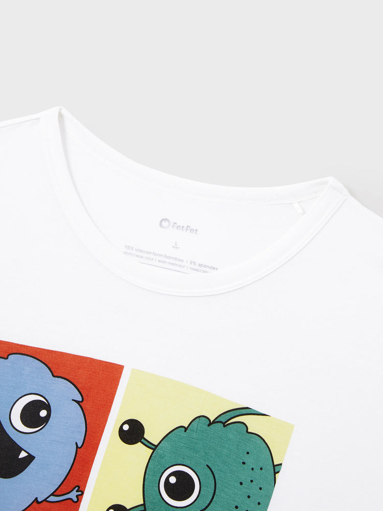 Pyjama familial en bambou, imprimé petit monstre mignon, manches courtes, ensemble assorti (ajusté pour les enfants) blanc