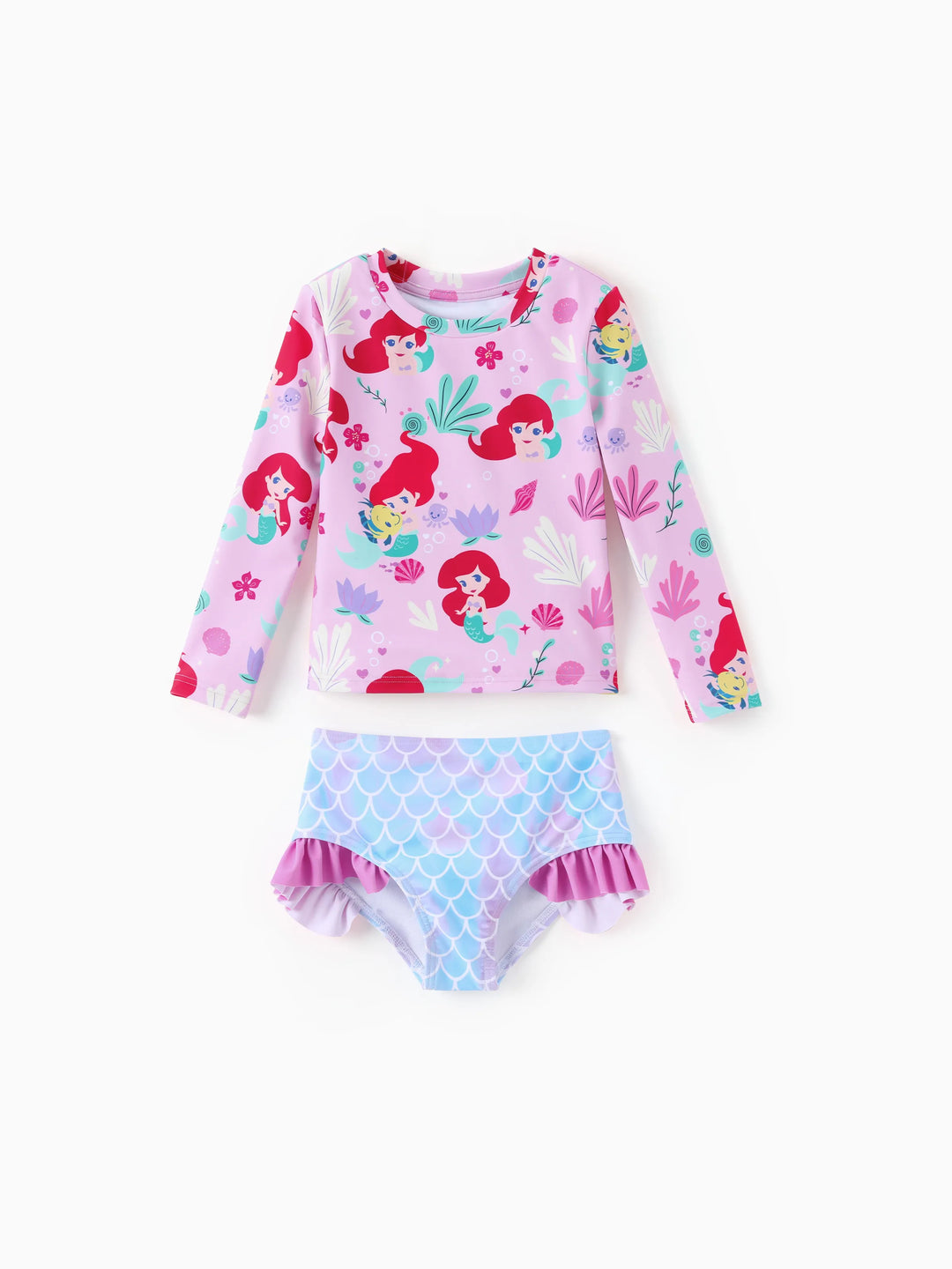 Disney Princess Girls Swimsuit Ariel Summer Rash Guard 2 Pieces Bathing Suits Beach Tankini Set Pink