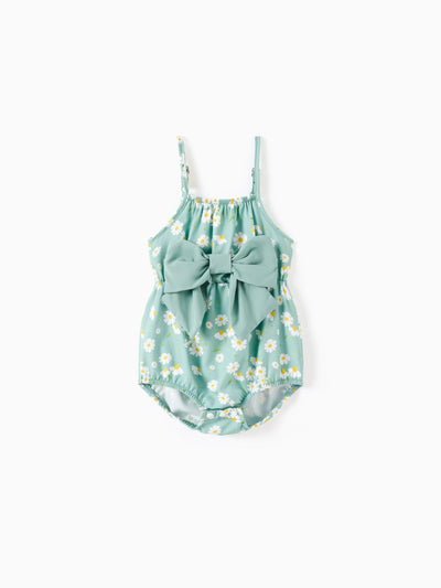 Barboteuse à imprimé floral et nœud papillon pour bébé fille, vert clair