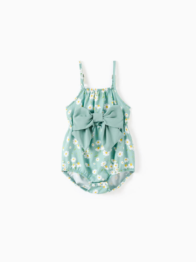 Baby Girl Sweet Floral Print Bowknot Romper Light Green