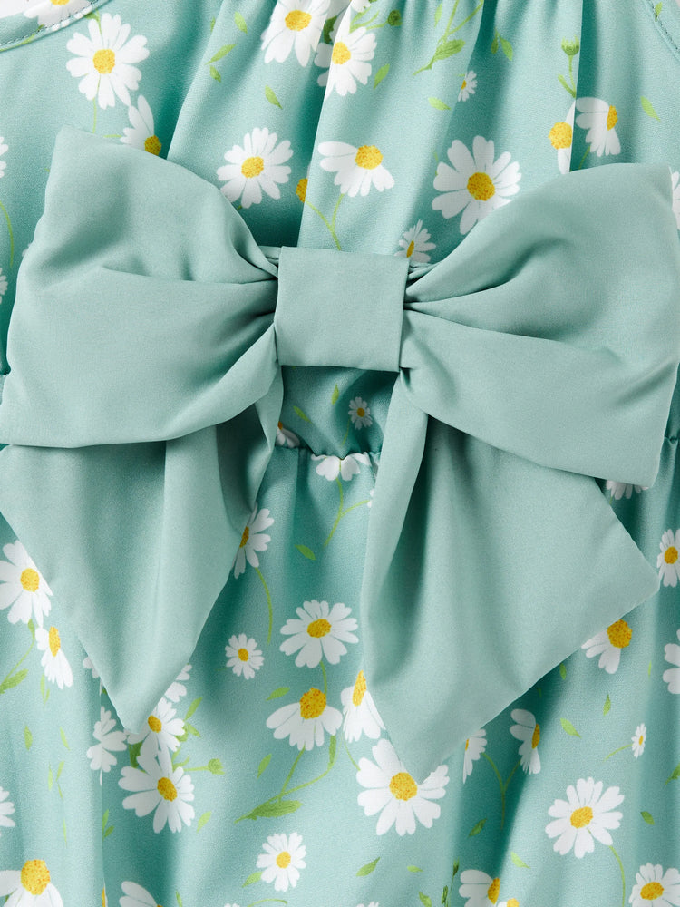 Baby Girl Sweet Floral Print Bowknot Romper Light Green