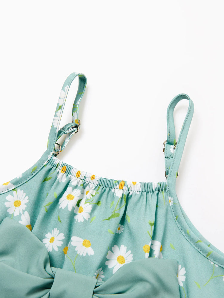 Baby Girl Sweet Floral Print Bowknot Romper Light Green