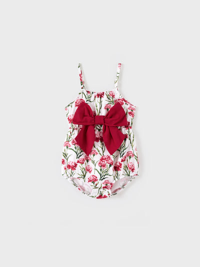 Barboteuse à imprimé floral et nœud papillon pour bébé fille, rouge