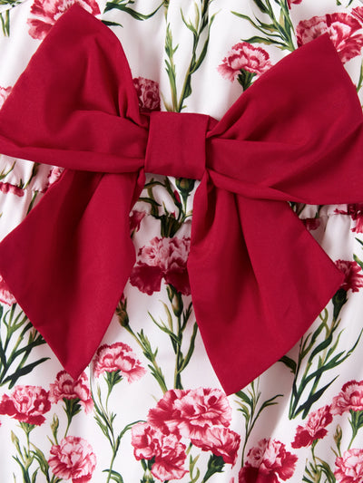 Baby Girl Sweet Floral Print Bowknot Romper Red