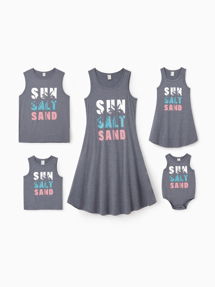 Family Matching Letter Print ärmelloses Tanktop oder Tankkleid Set grau