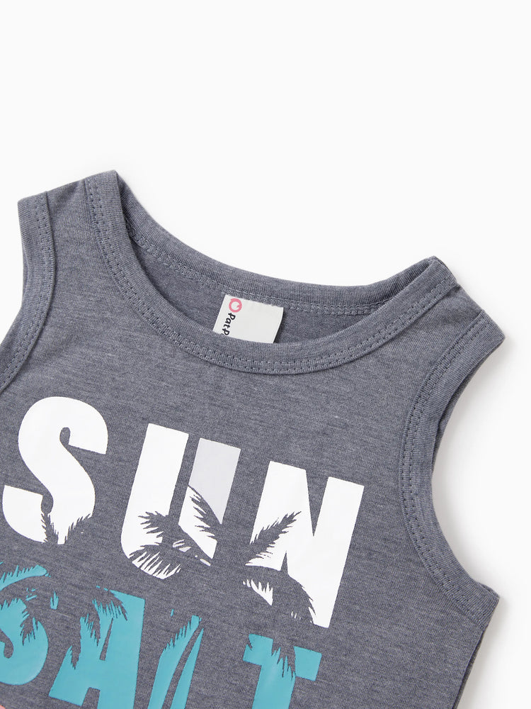 Mommy & me Letter Print Sleeveless Tank Dress Set Grey