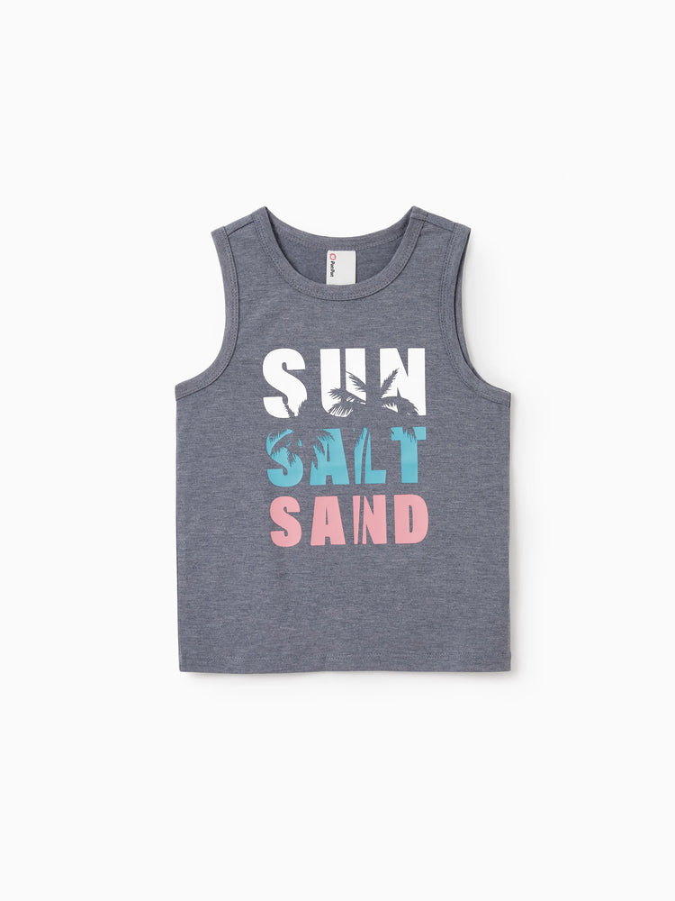 Family Matching Letter Print ärmelloses Tanktop oder Tankkleid Set grau