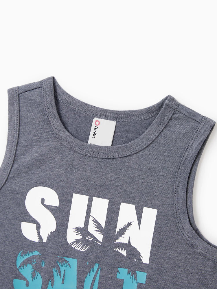 Daddy & Son Letter Print Sleeveless Tank Top Set Grey