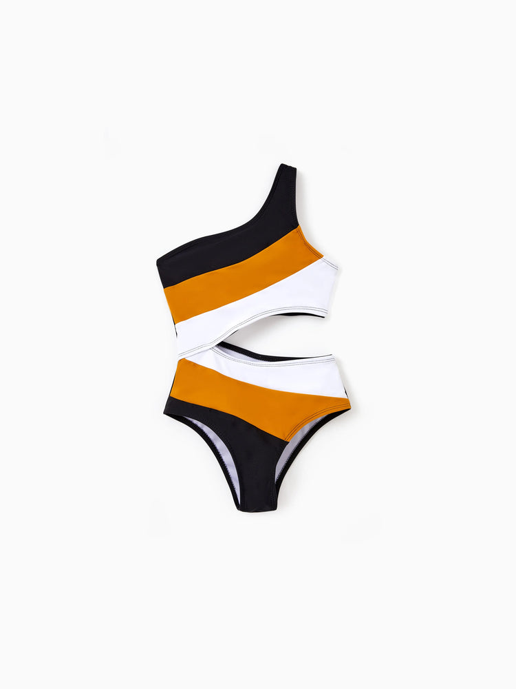 Family Matching Colorblock Swim Trunks Shorts or Cut Out Waist One-Shoulder One-piece Swimsuit Multi-color