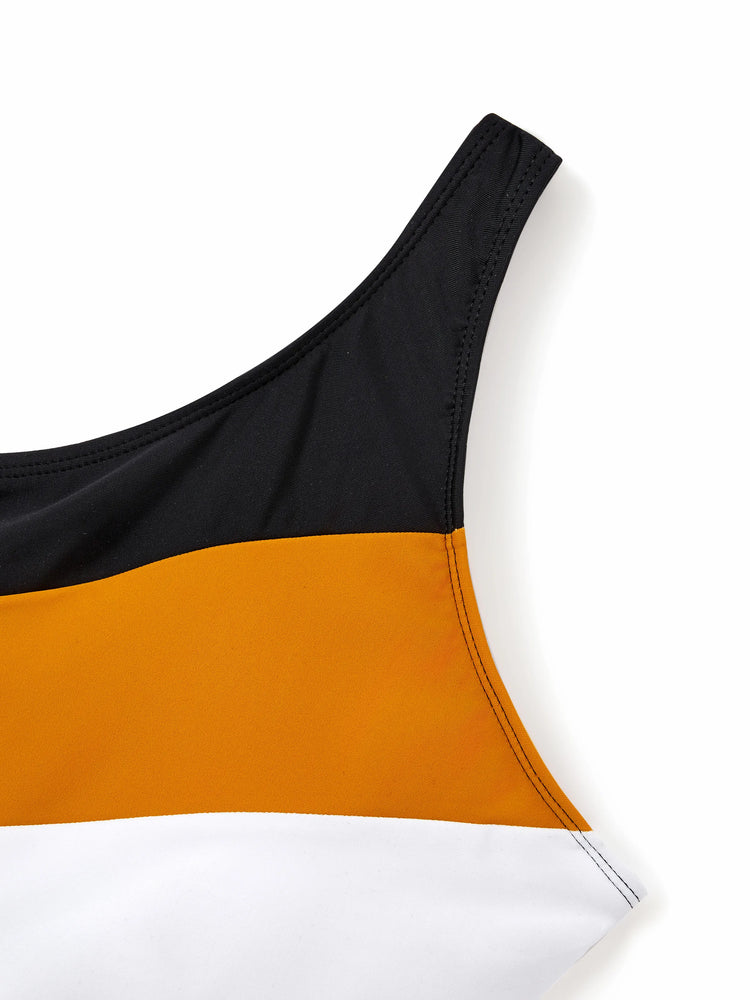 Family Matching Colorblock Swim Trunks Shorts or Cut Out Waist One-Shoulder One-piece Swimsuit Multi-color