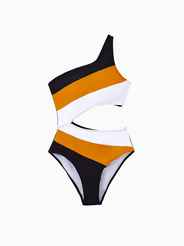 Family Matching Colorblock Swim Trunks Shorts or Cut Out Waist One-Shoulder One-piece Swimsuit Multi-color