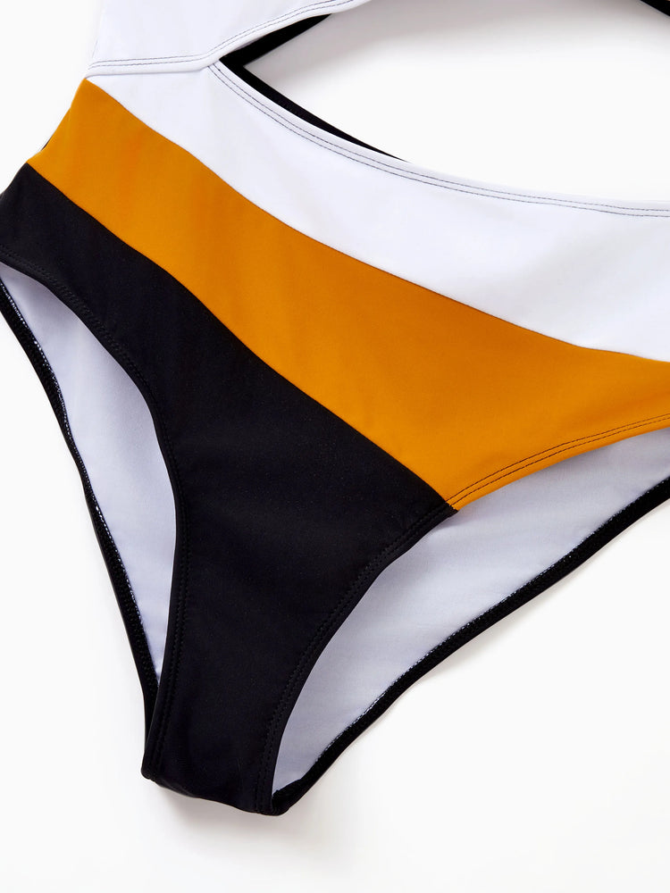 Family Matching Colorblock Swim Trunks Shorts or Cut Out Waist One-Shoulder One-piece Swimsuit Multi-color