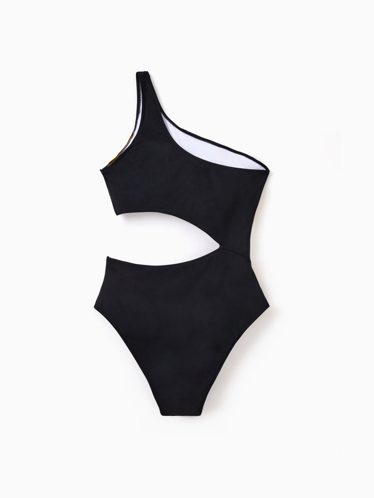 Family Matching Colorblock Swim Trunks Shorts or Cut Out Waist One-Shoulder One-piece Swimsuit Multi-color