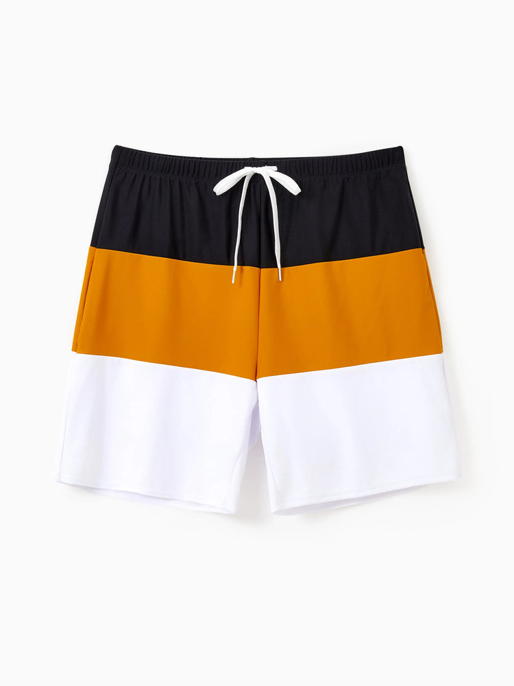 Family Matching Colorblock Swim Trunks Shorts or Cut Out Waist One-Shoulder One-piece Swimsuit Multi-color