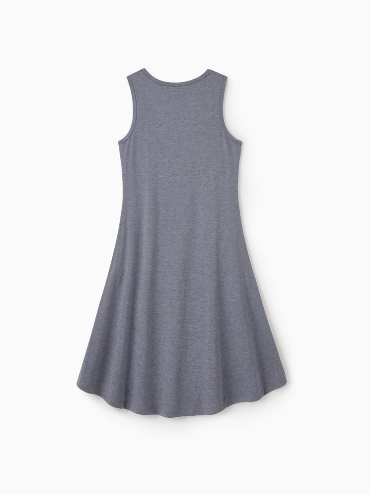 Mommy & me Letter Print Sleeveless Tank Dress Set Grey