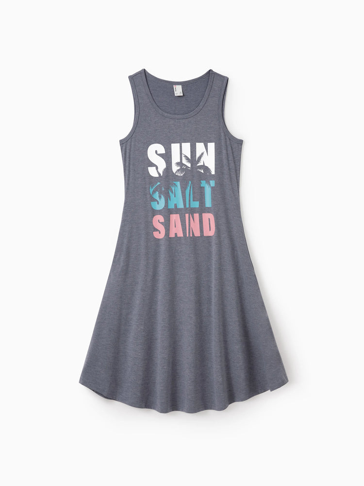 Mommy & me Letter Print Sleeveless Tank Dress Set Grey