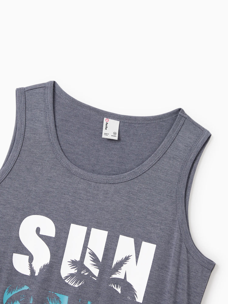 Mommy & me Letter Print Sleeveless Tank Dress Set Grey