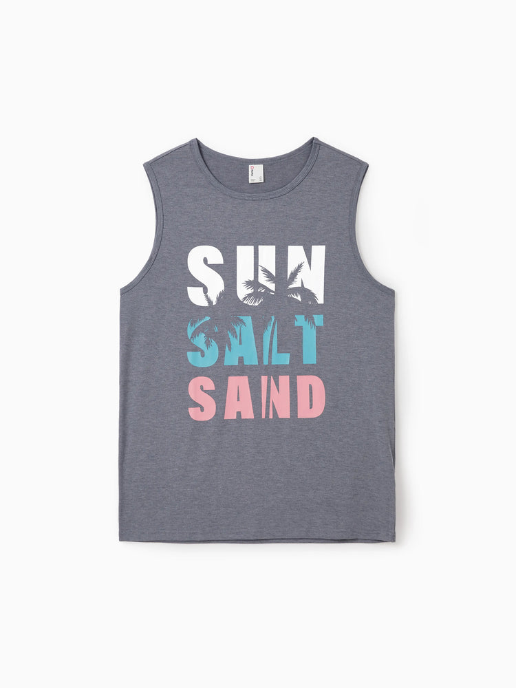 Family Matching Letter Print ärmelloses Tanktop oder Tankkleid Set grau