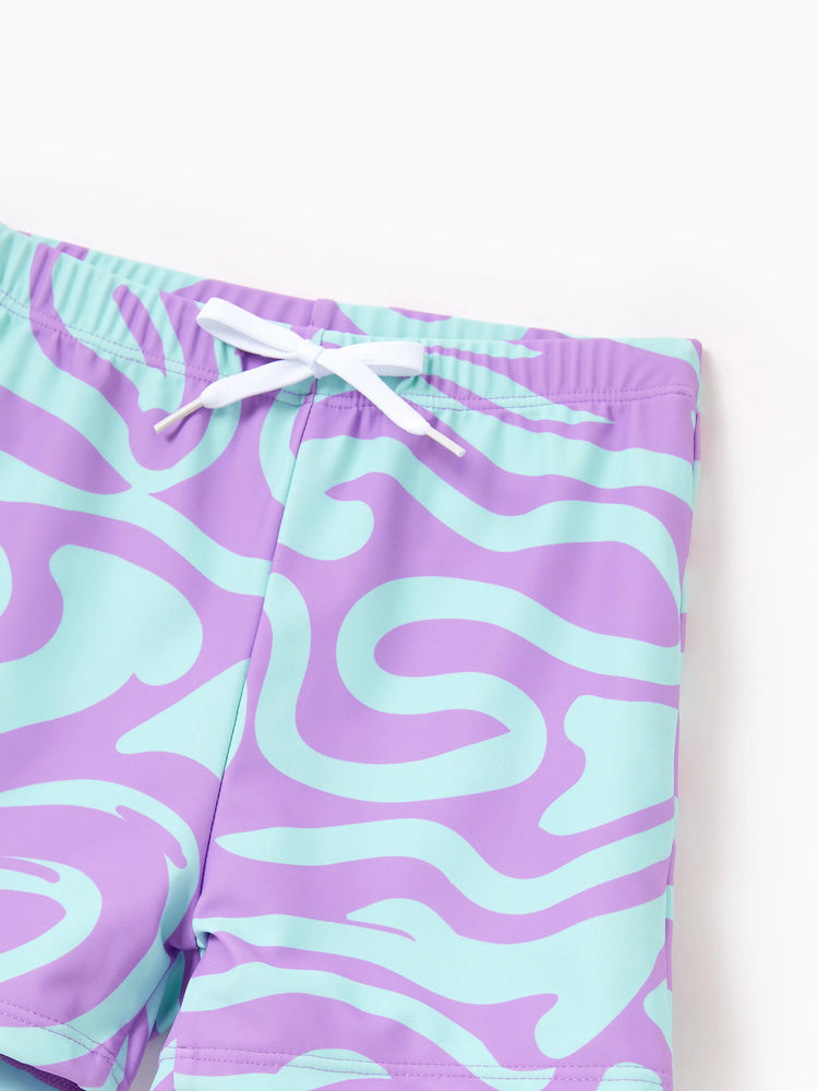 Family Matching Trendy Purple & Blue Wave Print Swim Trunks or Midriff Cutout One-Piece Swimsuit Purple