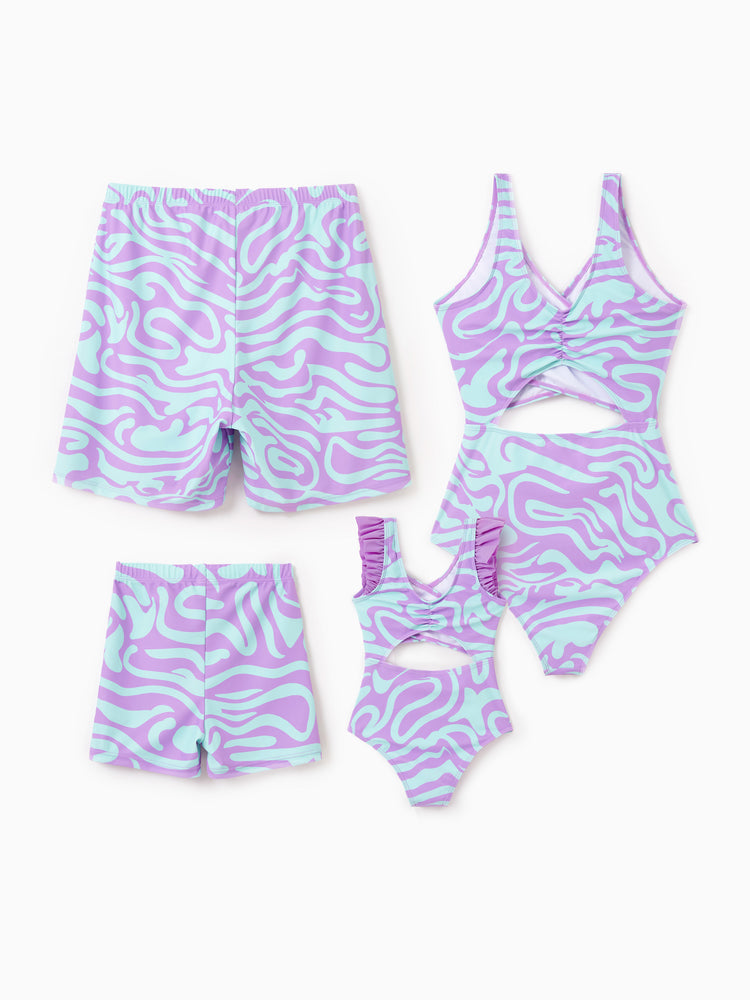 Family Matching Trendy Purple & Blue Wave Print Swim Trunks or Midriff Cutout One-Piece Swimsuit Purple