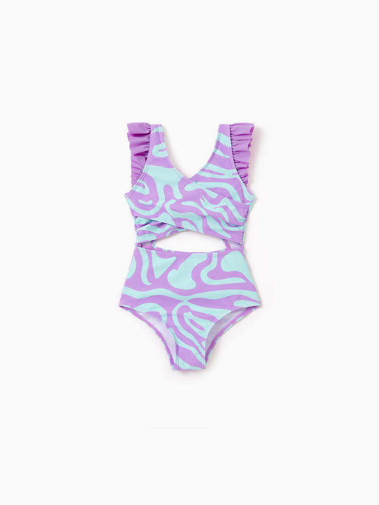 Maillot de bain une pièce à imprimé vagues violet et bleu tendance assorti pour toute la famille ou maillot de bain une pièce à découpes au niveau du ventre violet