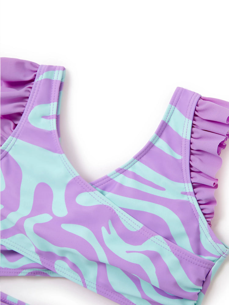 Family Matching Trendy Purple & Blue Wave Print Swim Trunks or Midriff Cutout One-Piece Swimsuit Purple