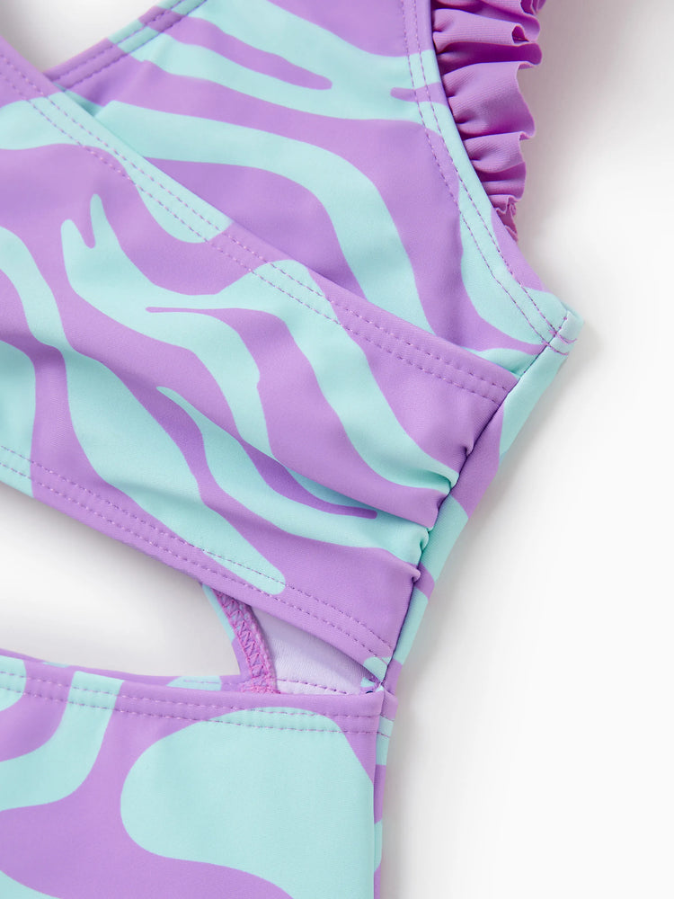 Family Matching Trendy Purple & Blue Wave Print Swim Trunks or Midriff Cutout One-Piece Swimsuit Purple
