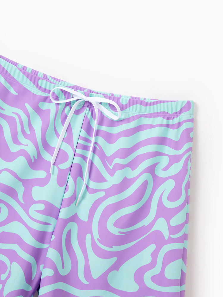 Family Matching Trendy Purple & Blue Wave Print Swim Trunks or Midriff Cutout One-Piece Swimsuit Purple