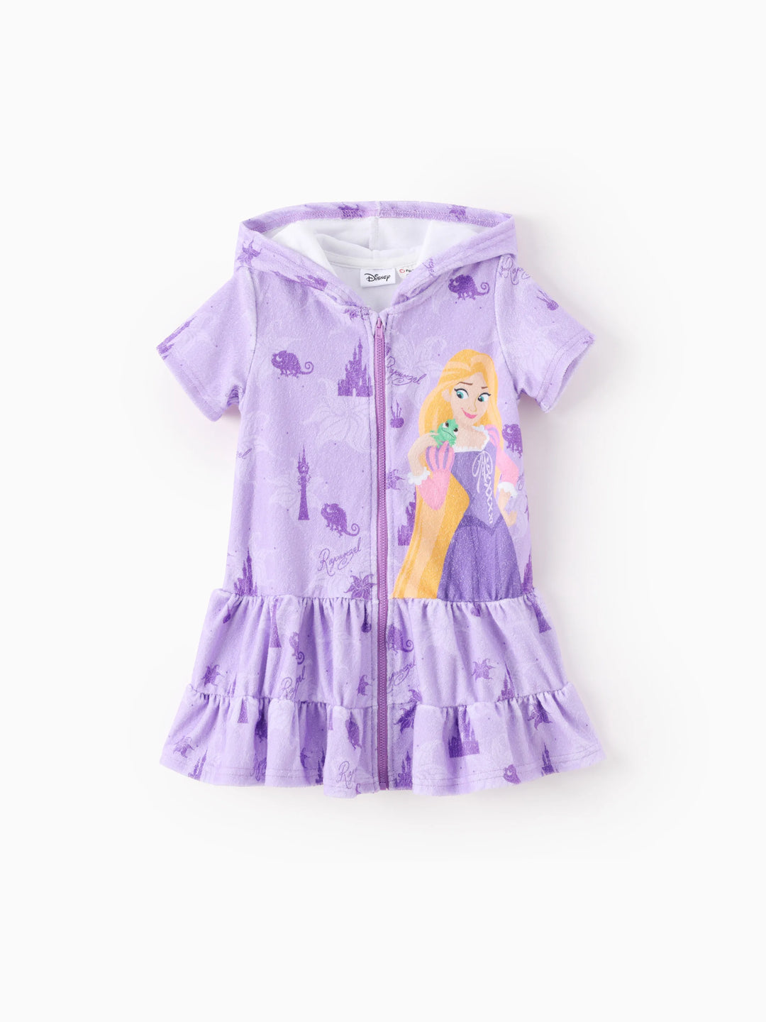 Disney Princess Toddler/Kid Girl Rapunzel Castle Allover Print Hooded Zipper Ruffle-hem Swim Cover-up Purple