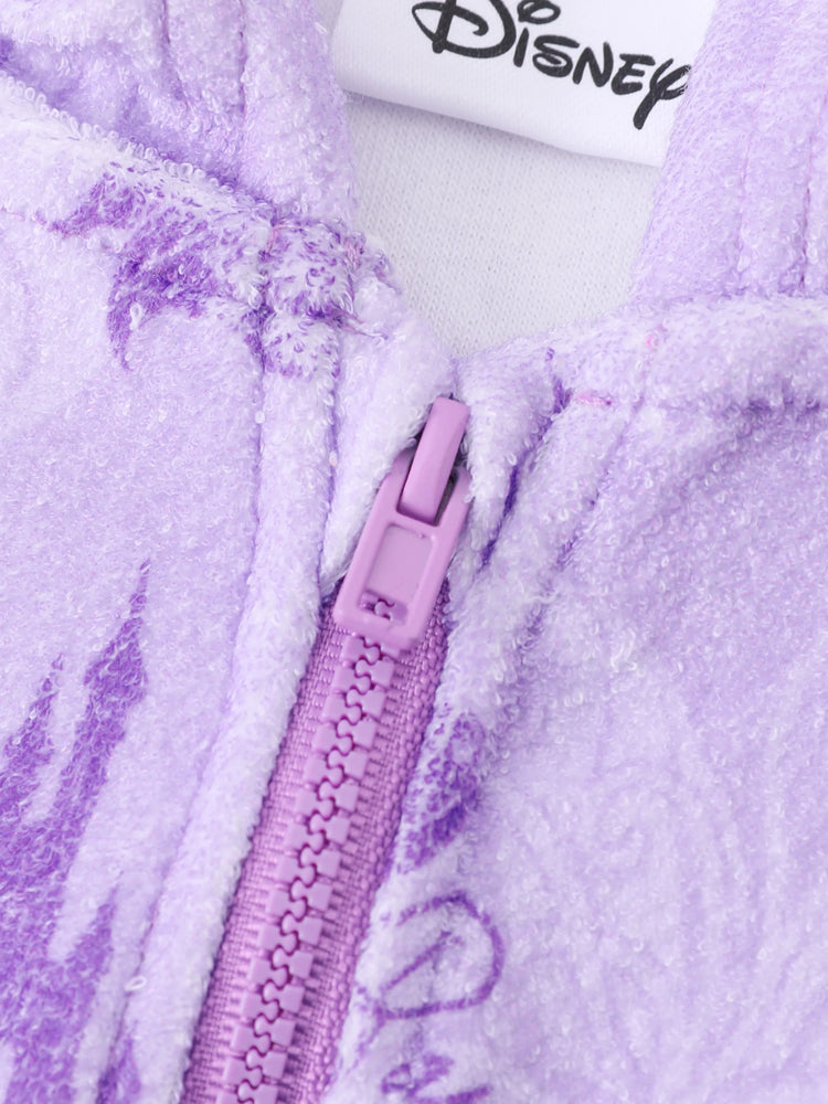 Traje de baño morado con capucha, cremallera y bajo con volantes, estampado completo del castillo de Rapunzel de princesas de Disney para niñas pequeñas/niñas