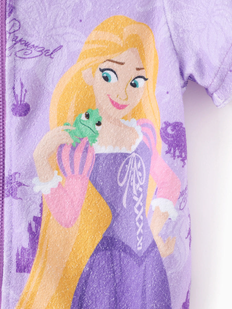 Traje de baño morado con capucha, cremallera y bajo con volantes, estampado completo del castillo de Rapunzel de princesas de Disney para niñas pequeñas/niñas