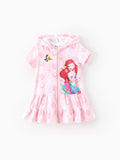 Traje de baño de princesa Disney para niña pequeña/niña Ariel con estampado de conchas, capucha, cremallera y dobladillo con volantes, color rosa