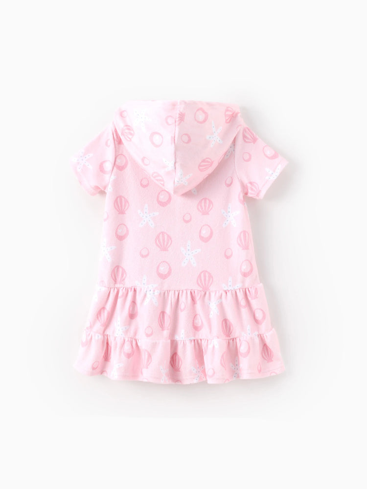 Traje de baño de princesa Disney para niña pequeña/niña Ariel con estampado de conchas, capucha, cremallera y dobladillo con volantes, color rosa