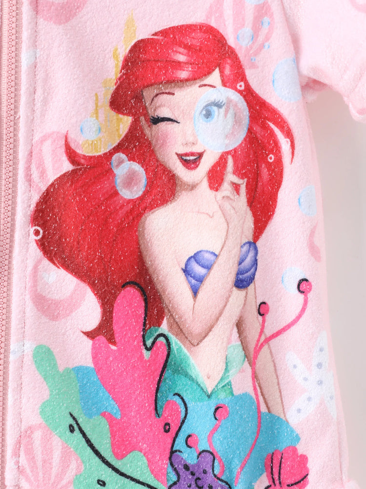 Traje de baño de princesa Disney para niña pequeña/niña Ariel con estampado de conchas, capucha, cremallera y dobladillo con volantes, color rosa