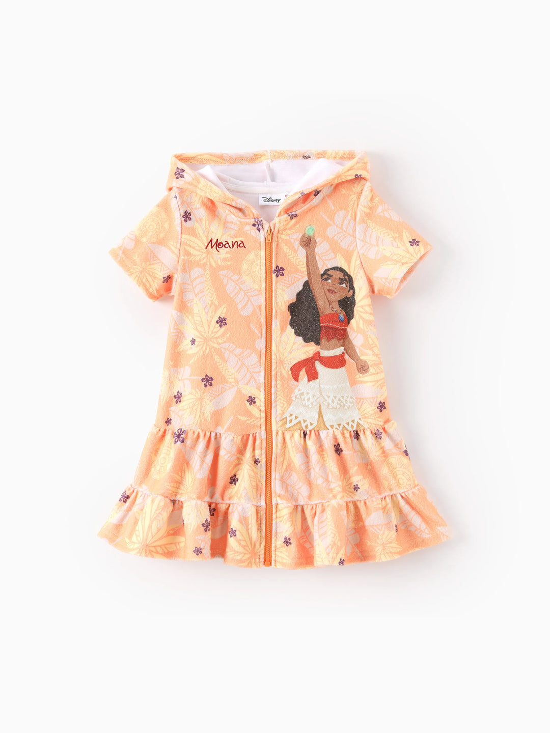 Maillot de bain à capuche et fermeture éclair avec ourlet à volants pour petite fille Motif princesse Disney Moana Orange