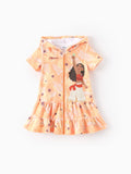 Traje de baño de princesa Disney para niña pequeña/niña Moana con estampado de palmeras, capucha, cremallera y bajo con volantes, color naranja
