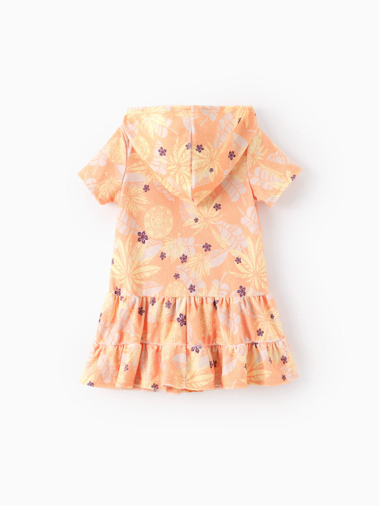 Traje de baño de princesa Disney para niña pequeña/niña Moana con estampado de palmeras, capucha, cremallera y bajo con volantes, color naranja