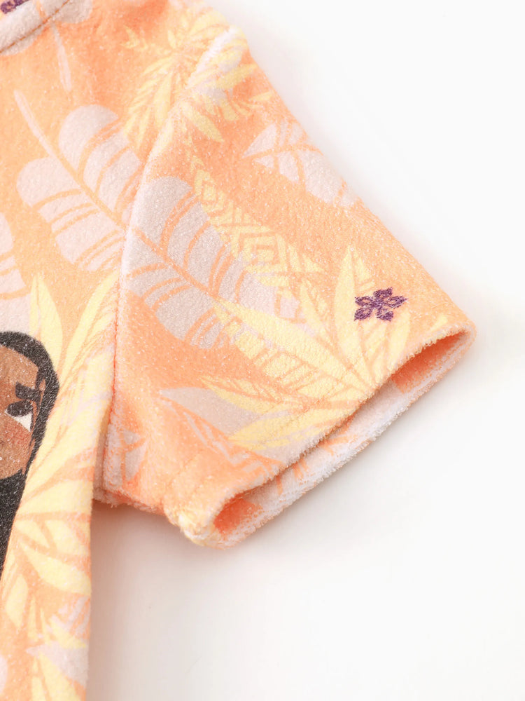 Traje de baño de princesa Disney para niña pequeña/niña Moana con estampado de palmeras, capucha, cremallera y bajo con volantes, color naranja