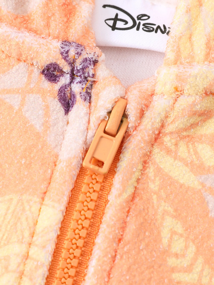 Traje de baño de princesa Disney para niña pequeña/niña Moana con estampado de palmeras, capucha, cremallera y bajo con volantes, color naranja