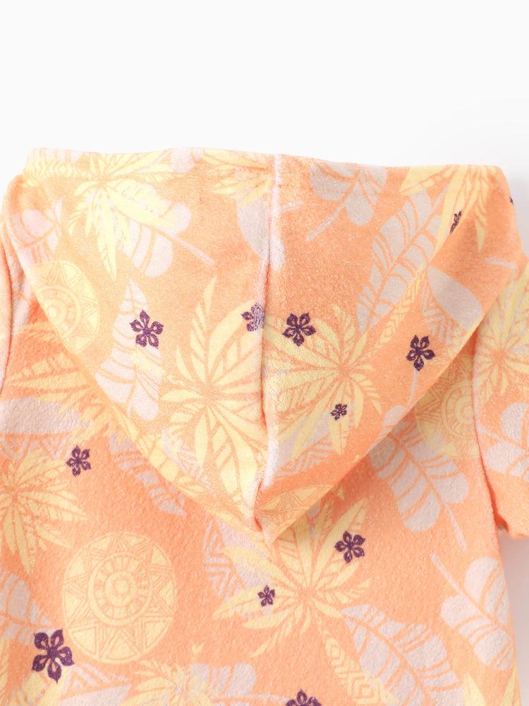 Traje de baño de princesa Disney para niña pequeña/niña Moana con estampado de palmeras, capucha, cremallera y bajo con volantes, color naranja