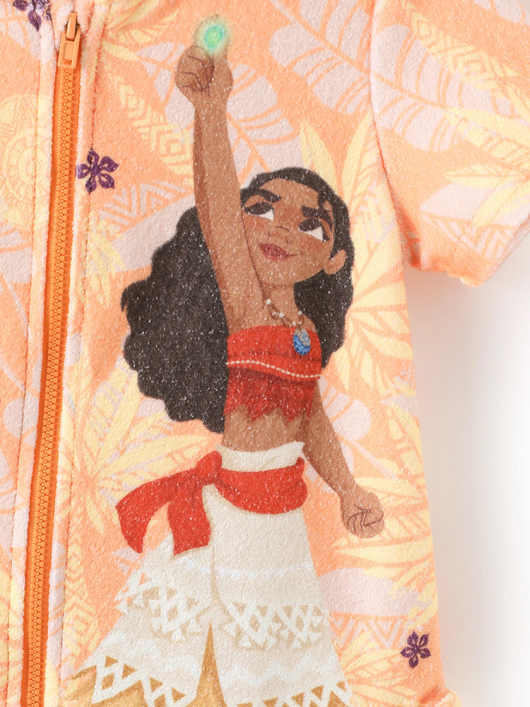Traje de baño de princesa Disney para niña pequeña/niña Moana con estampado de palmeras, capucha, cremallera y bajo con volantes, color naranja