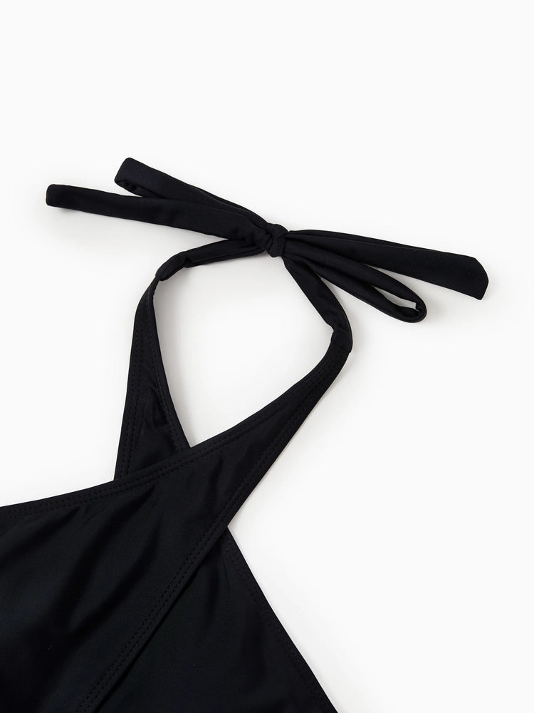 Family Matching Leopard Print Swim Trunks or Halter two-piece Swimsuit for Couple Black