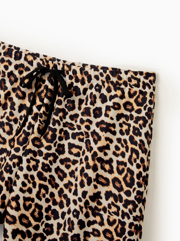 Family Matching Leopard Print Swim Trunks or Halter two-piece Swimsuit for Couple Black