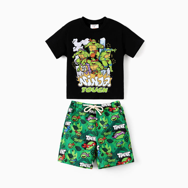 Ensemble 2 pièces en coton pour garçon, motif Tortues Ninja, haut à manches courtes et short, imprimé graffiti, vert