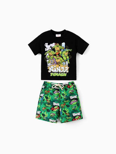 Ensemble 2 pièces en coton pour garçon, motif Tortues Ninja, haut à manches courtes et short, imprimé graffiti, vert