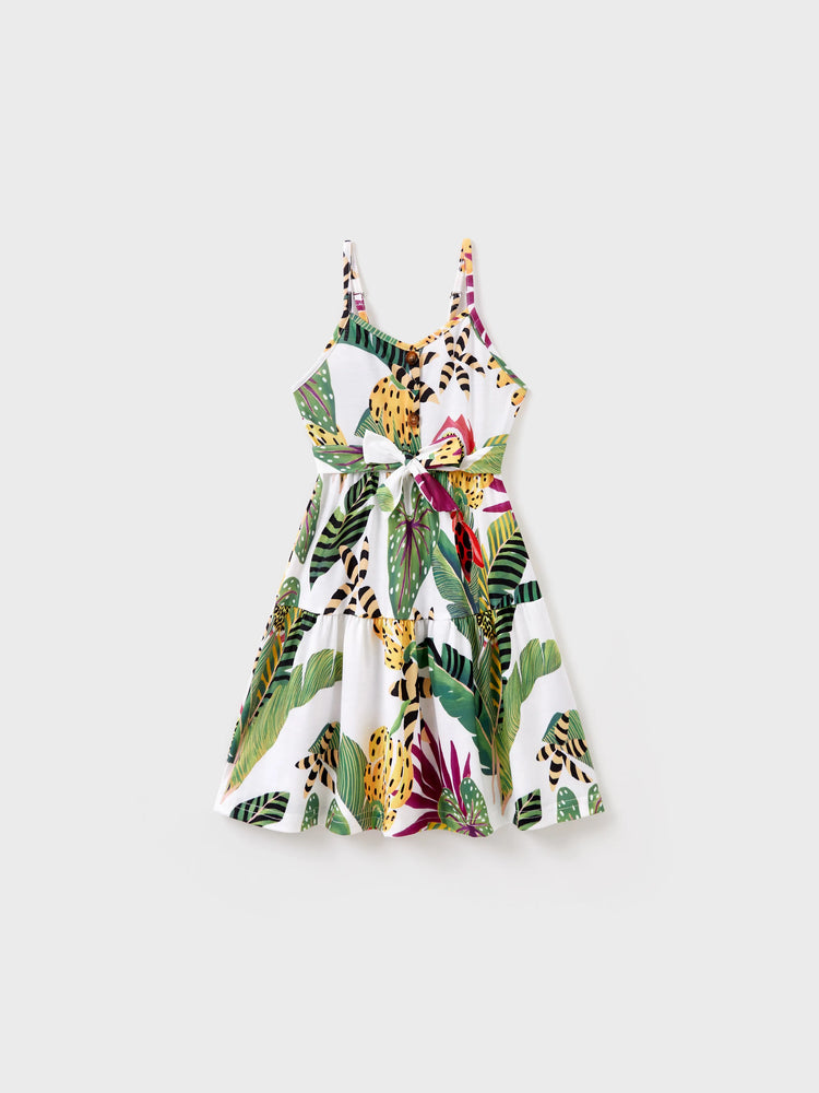 Family Matching Tropical Floral Print Short-sleeve Top or Camisole Dress Set Multi-color