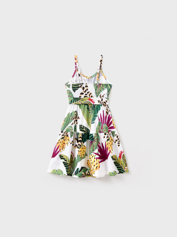 Mommy and Me Family Matching Tropical Floral Print Short-sleeve Top or Camisole Dress Set Multi-color