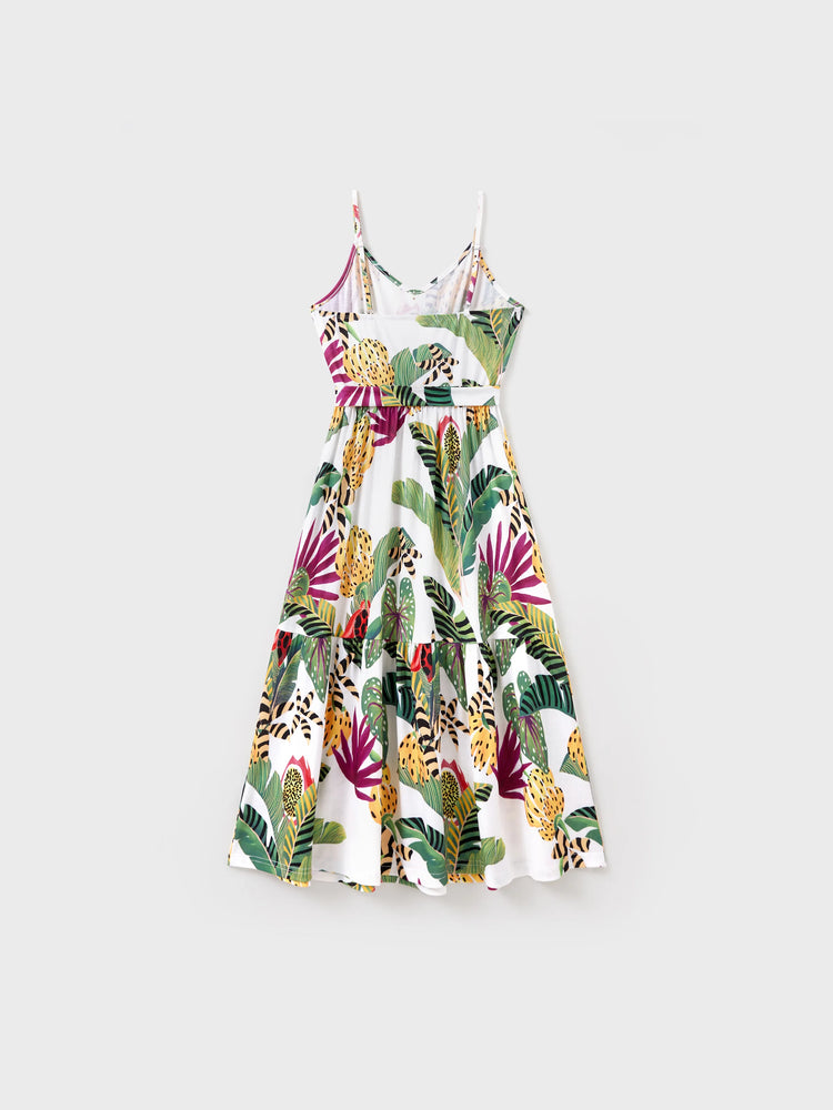 Family Matching Tropical Floral Print Short-sleeve Top or Camisole Dress Set Multi-color