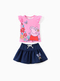 Ensemble 2 pièces Peppa Pig pour petite fille, haut à manches volantées et jupe à imprimé floral, rose